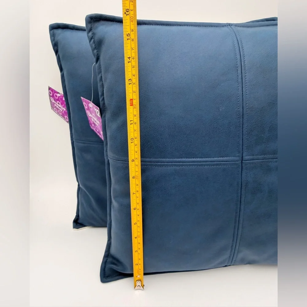 Set of 2 Blue Faux Leather Throw Pillow 16” X 16”